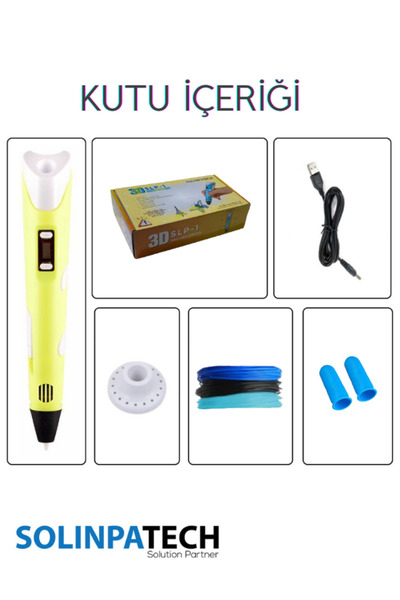 SolinpaTech Sarı 3d Kalem 3d Pen 3 Boyutlu Yazıcı Kalem 3 Renk 9 Metre Filament Usb Kablo