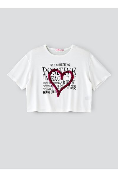 Basicxx Girls' White Crop Top with Positive Message and Heart Sequins