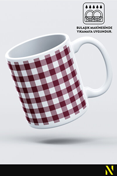 nilizma Burgundy Colored Plaid Gingham Patterned Mug – 330 ml Mug |   Stylish and Durable Design