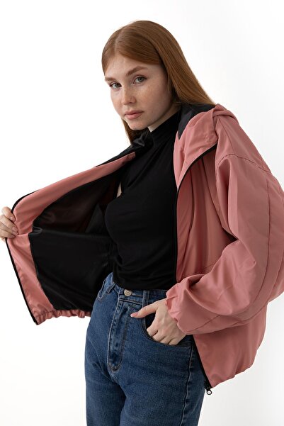 freemen Spor Kadın Pudra Kapüşonlu Rüzgar Geçirmez Cepli İçi Mevsimlik Yağmurluk