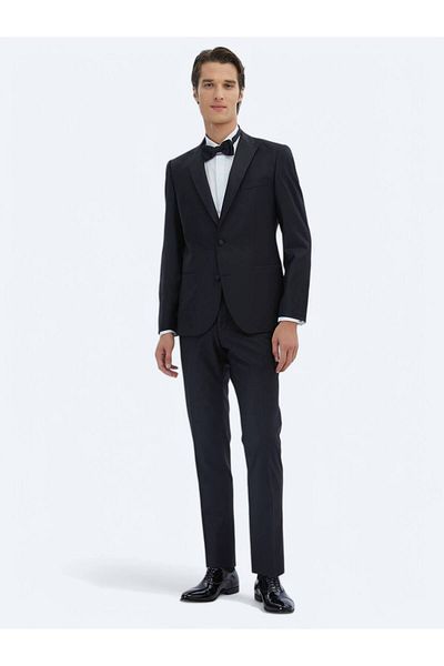 Kip Black Flat Slim Fit Removable Double Breasted Lapel Solid Brass Tuxedo Suit