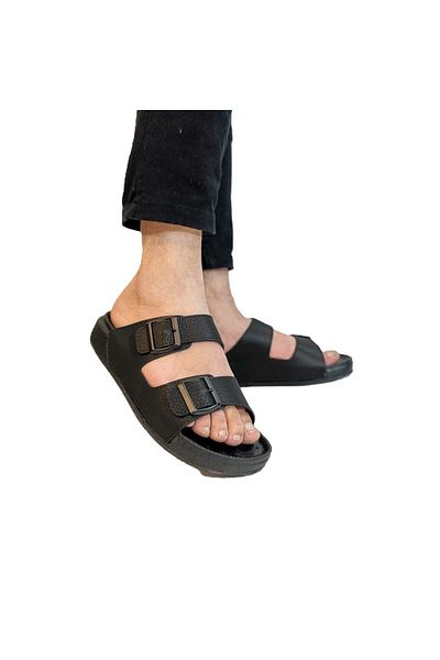 Pierre Cardin 7408 Black Double Buckle Soft Sole Men's Slippers