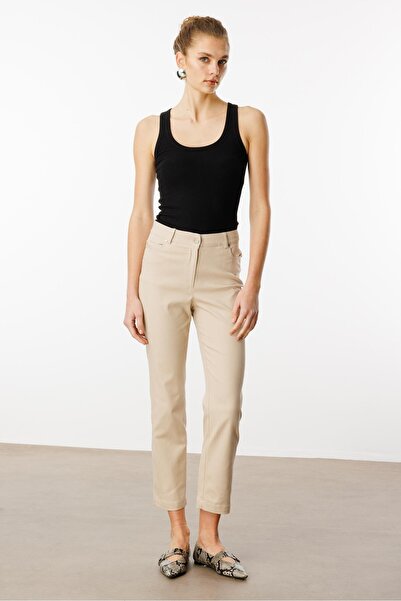 Moda İlgi Modailgi  İç Kemeri Lastikli Spor Dikişli Bilek Boy Pantolon - 75202 Taş