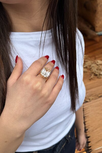 Utku Kuyumculuk 14 AYAR ŞEFFAF KRİSTAL TAŞLI ÖZEL TASARIM EL İŞİ ALTIN YÜZÜK