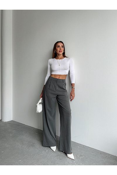 Maldia Shop Women's Buckle High Waist Anthracite Palazzo Trousers