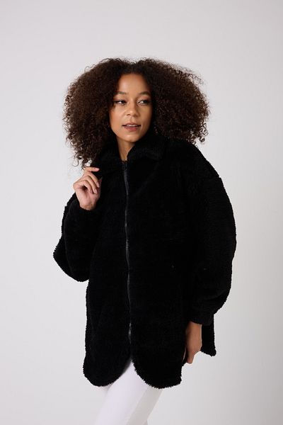 firststops Sık Studio Clothes - Women's Black Plush Windproof Welsoft Closed Coat