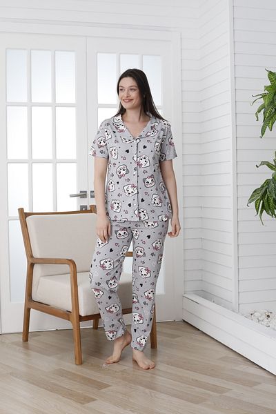 VG BOND MODA Print Buttoned Short Sleeve Single Jersey Women's Pajama Set - Vg138