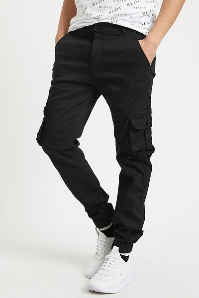 Serseri Black Slim Fit Men's Cargo Pants with Side Pockets, Waist Laces and Elastic Legs