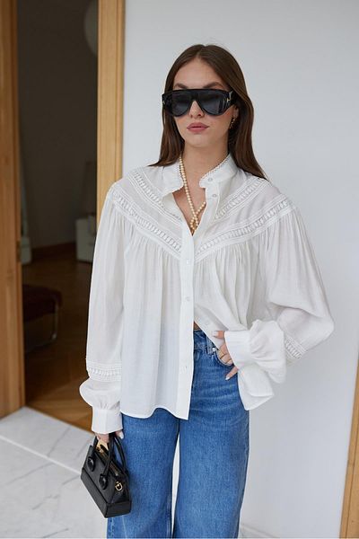 Askı Nişantaşı Ecru Stand Collar Embroidery Detailed Shirt