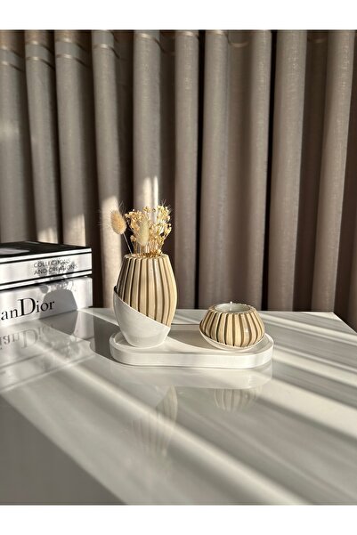 shop Dekoratif 3’lü Set,Beyaz Oval Tabak,Krem Vazo ve Mumluk