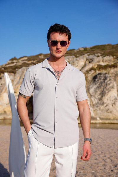 Pobudo Gray Color Textured Short Sleeve Men's Shirt