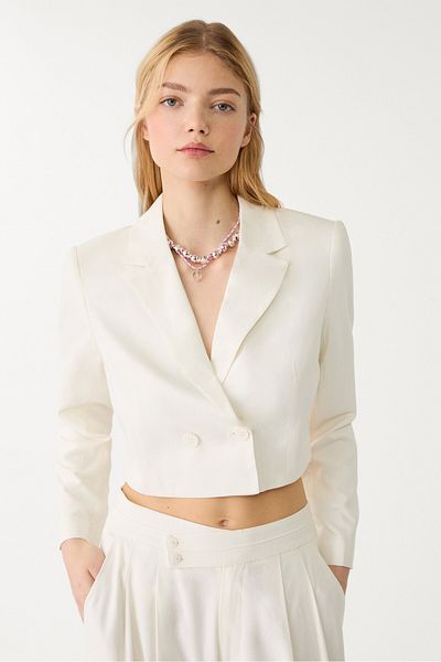 Stradivarius Linen blend cropped blazer with tied back
