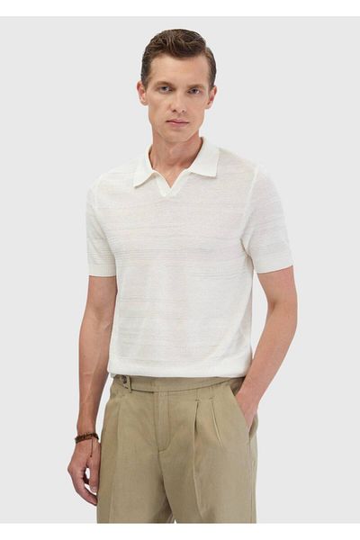 Ramsey Ecru Polo Neck Jacquard Linen Blended Knitwear Sweater