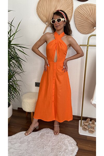 Butik Merve Sarıkaya Boyundan Bağlama Oranj Renk Elbise