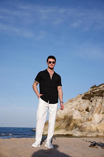 Pobudo Black Color Textured Short Sleeve Men's Shirt