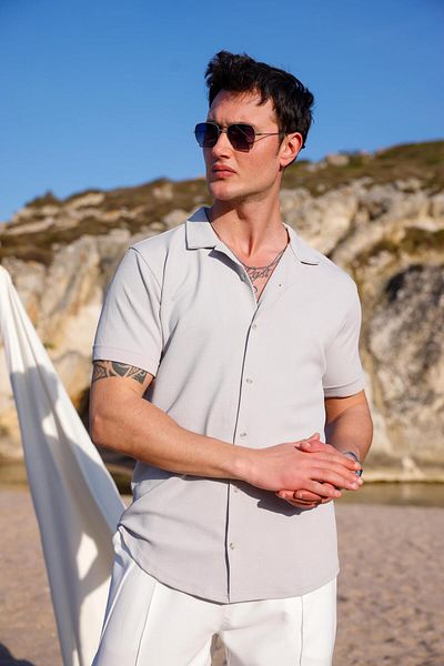 Pobudo Gray Color Textured Short Sleeve Men's Shirt