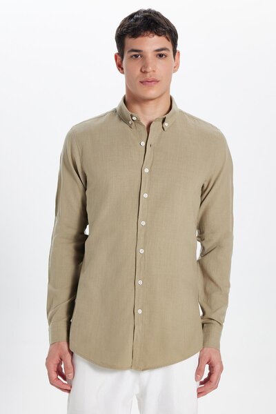 Tudors Men's Slim Fit Slim Fit 100% Cotton Linen Texture Button Collar Mink Shirt