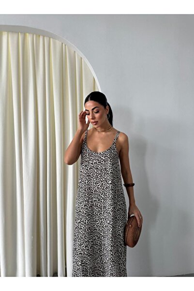 Serbella SANFORIZE KETEN KUMAŞ LEOPAR DESEN YAN YIRTMAÇLI CEP DETAYLI ELBİSE