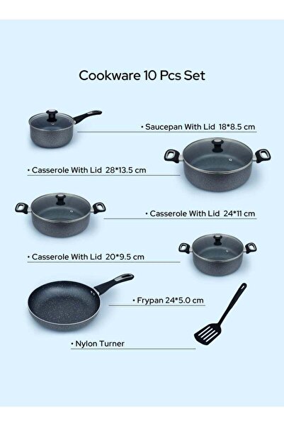 İMPEX 10-Piece Aluminum Cookware Set, 5-Layer Granite Non-Stick, PFOA Free, Pans & Lids, NCB 7110