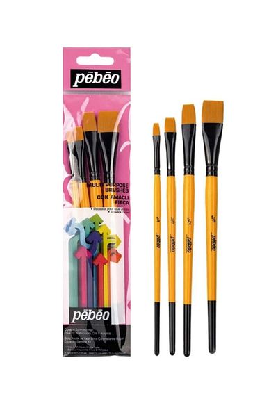 Pebeo Multi-Purpose Flat Cut 4 Brush Set Set10 Synthetic Bristle Suitable for Aqueous Acrylic and Oil Painting