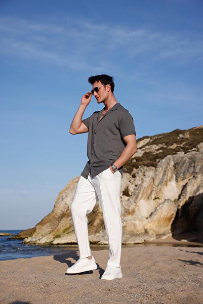 Pobudo Men's Anthracite Color Twist Pattern Short Sleeve Shirt