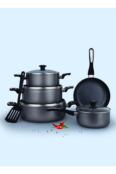 İMPEX 10-Piece Aluminum Cookware Set, 5-Layer Granite Non-Stick, PFOA Free, Pans & Lids, NCB 7110