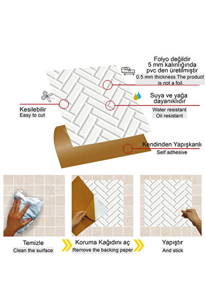 TİNK Kendinden Yapışkanlı Beyaz Balıksırtı Desenli Pvc Karo 30x30 Cm (33 ADET) 3m2