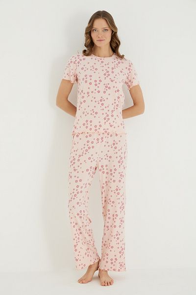 İPEKTENİM Mini Floral Patterned Text Detailed Ornamental Stitched Pajama Set