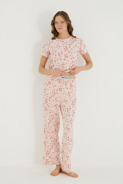 İPEKTENİM Mini Floral Patterned Text Detailed Ornamental Stitched Pajama Set