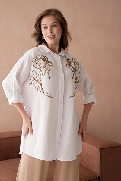 BURRASCA BONCUK NAKIŞ İŞLEMELİ OVERSIZE KETEN GÖMLEK