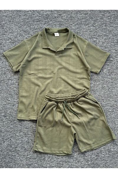Altamira Men's Khaki Honeycomb Polo Neck T-Shirt Shorts Set