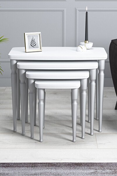 asaella mobilya Imaj Mdf Ve Lake Boya, Beyaz 4lü Zigon Sehpa Takımı, Gümüş Gü...