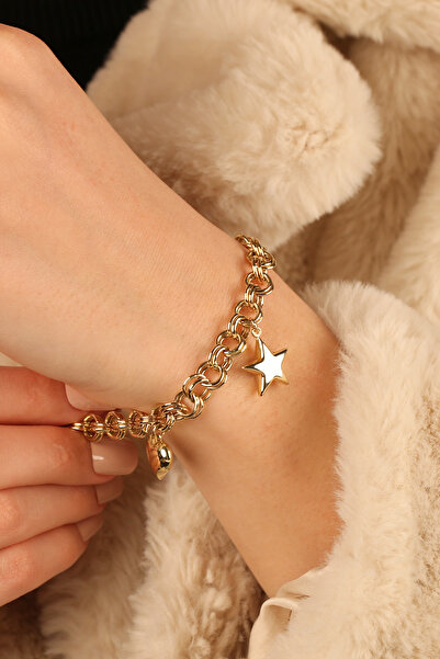 Çgk Çiğdem Gürel Kuyumculuk 14 Ayar Altın Mega Şans Bilekliği-Kalp Yıldız Sal...