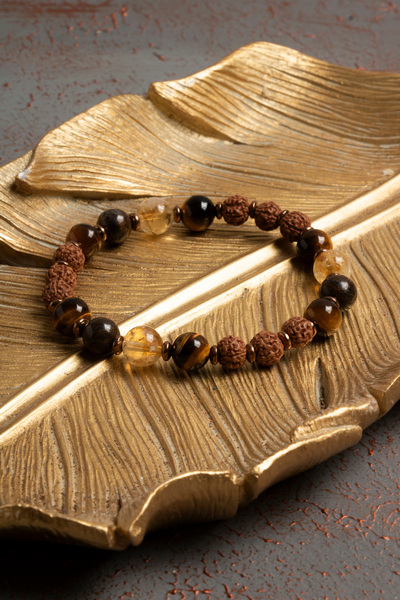 ÇAKRA DOĞAL TAŞ Sertifikalı Doğal Sitrin, Kaplan Gözü, Bronzit ve Rudraksha Taşı Bileklik