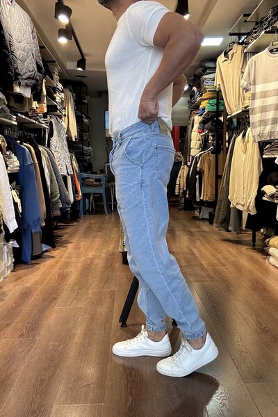 dont panic Erkek Buz Mavi Paça Lastik Detaylı Likralı Denım Jogger Pantolon JG010-BM