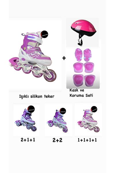 TOPROCKSTORE Children's Skates with Lights Adjustable Silicone Wheels with Brakes Metal Body Skates and Helmet Knee Pads Set