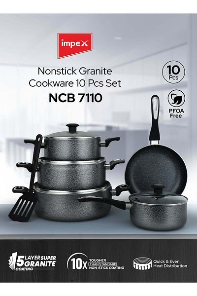 İMPEX 10-Piece Aluminum Cookware Set, 5-Layer Granite Non-Stick, PFOA Free, Pans & Lids, NCB 7110