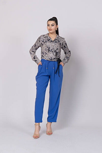 MissVina Pantaloni cu pliuri în față și cu talie elastică cu șireturi 30244