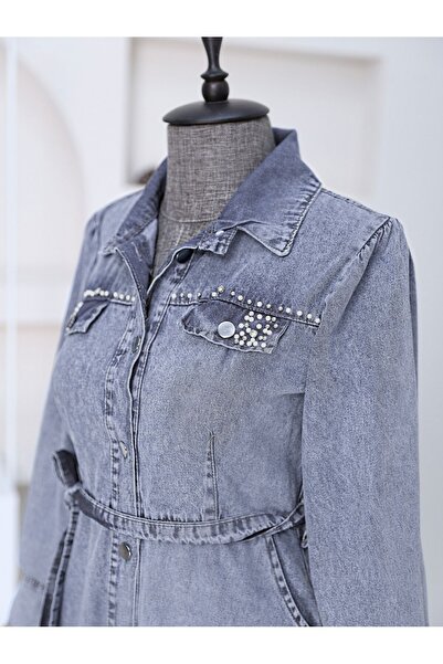 Modamorfo Stone részletes hosszúságú gombos farmer ruha - indigó