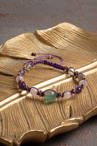 ÇAKRA DOĞAL TAŞ Sertifikalı Doğal Florit, Pembe Kuvars, Ametist, Selenit ve Labradorit Taşı Bileklik