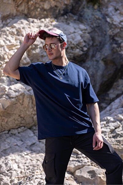 Pobudo Men's Navy Blue Color Oversize Unprinted Basic T-Shirt