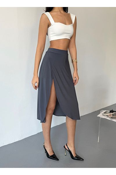 Kayaka triko Women's Sandy Fabric High Waist Slit Midi Length Short Skirt with Inner Pocket Shorts, Flared Skirt