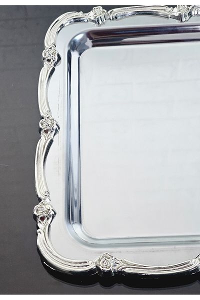 atabey home collection 6 قطع صينية تقديم وصينية للقهوة والشاي - صينية فضية مع إطار وردي فضي