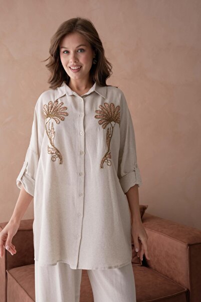 BURRASCA BONCUK NAKIŞ İŞLEMELİ OVERSIZE KETEN GÖMLEK