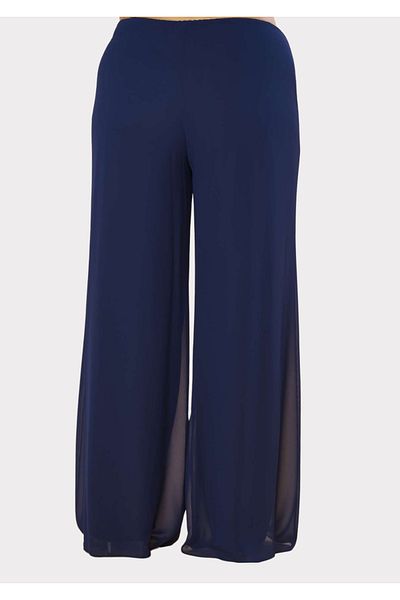 LİLAS XXL Plus Size Navy Blue Colored Chiffon Trousers
