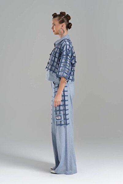 tw3 Pantaloni Palazzo de damă din țesătură cu detaliu de țesătură