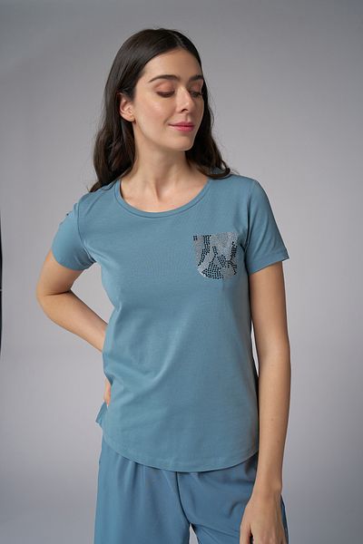 bilcee Women's Blue Pocket Stone Printed T-Shirt 4077