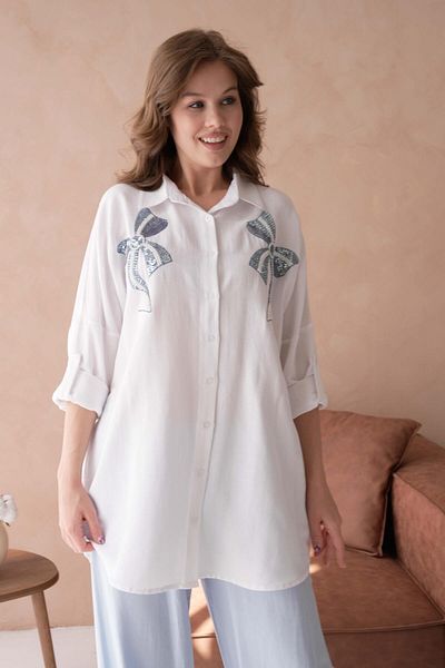 BURRASCA Oversize Linen Shirt with Beading Embroidered