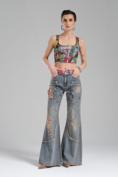 tw3 Γυναικείο τζιν με σχισμένο σχέδιο με λεπτομέρεια και ισπανικό στυλ