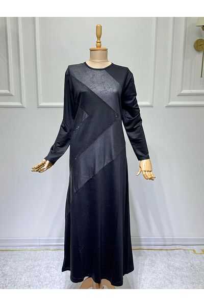 ModaMinar Γυναικείο φόρεμα με μαύρο κρύσταλλο από χτενισμένο βαμβακερό ύφασμα με λεπτομέρειες από δέρμα και πέτρα